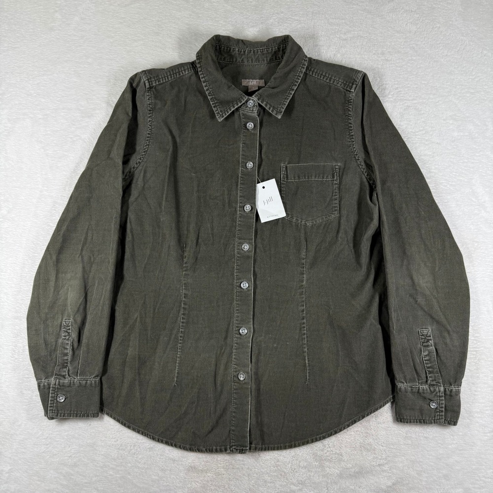 J. Jill Womens Petite Small Olive Green Corduroy Button Down Shirt 100% Cotton